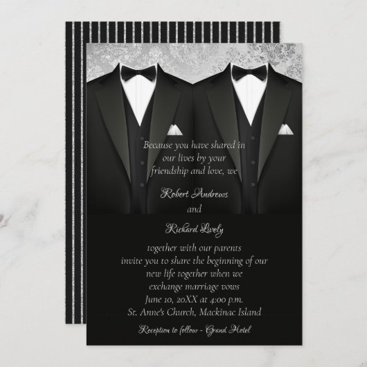 Black and Silver Gay Tuxedo Hochzeit Einladung (Vorne/Hinten)