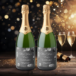 Black and Silver Glitter New Year's Eve Party  Schaumweinetikett