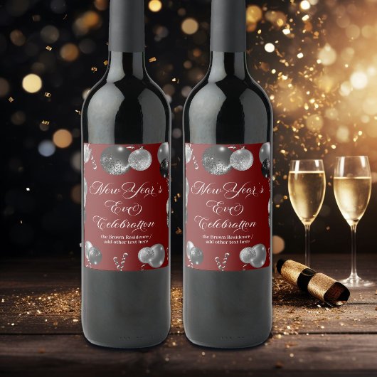 Black and Silver Glitter New Year's Eve Party  Weinetikett