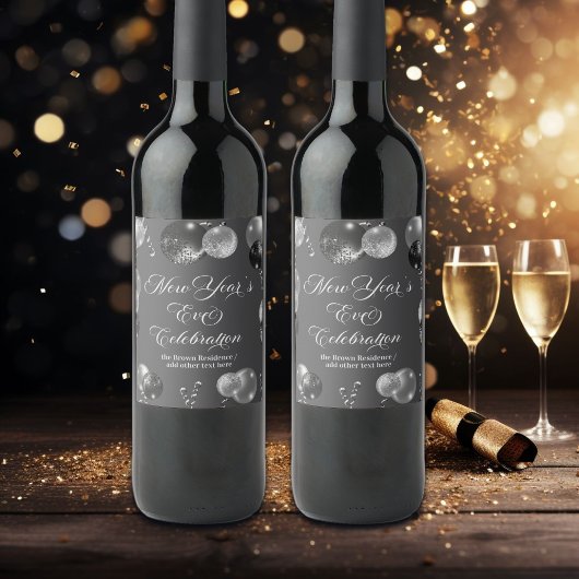 Black and Silver Glitter New Year's Eve Party  Weinetikett