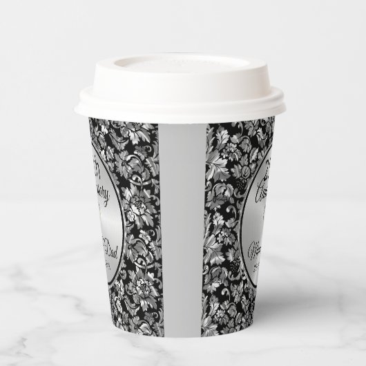 Black and Silver Gray Damask 25-jähriges Pape Pappbecher (Links)