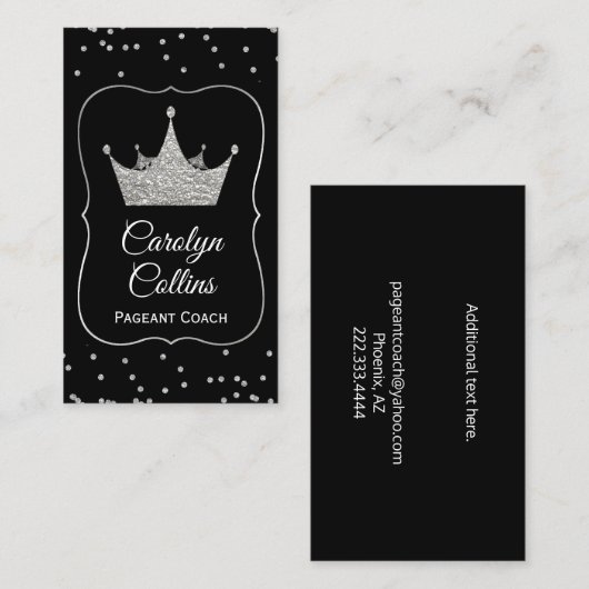 Black and Silver Pageant Coach Business Card Visitenkarte (Vorne/Hinten)