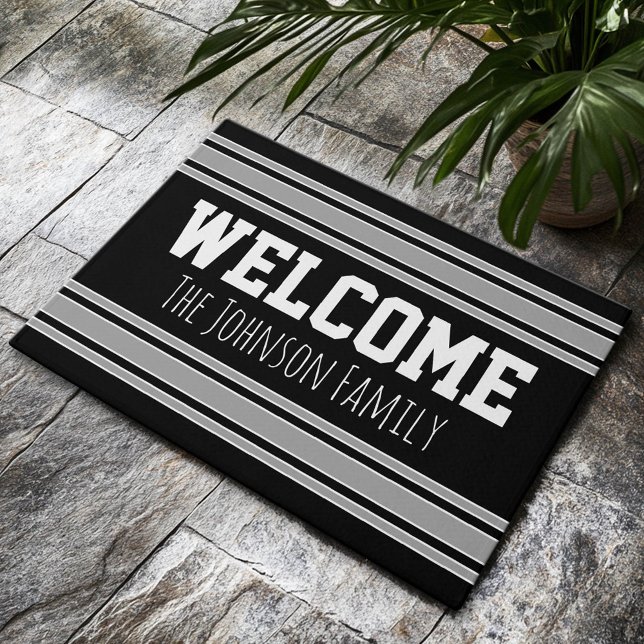 Black and Silver Sports Jersey Individuelle Name N Fußmatte (Custom Welcome Doormat)