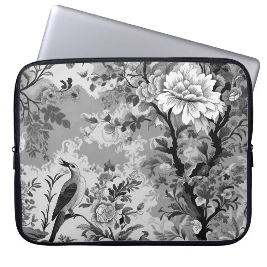 Black and Silver Toile de Fleur Laptopschutzhülle (Vorderseite)