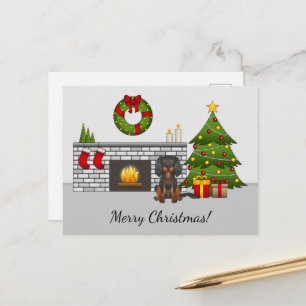 Black and Tan Cavalier Hund in einem Weihnachtszim Postkarte