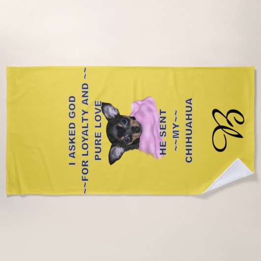 Black and Tan Chihuahua Puppy Mit Monogramm Strandtuch (Vorderseite)