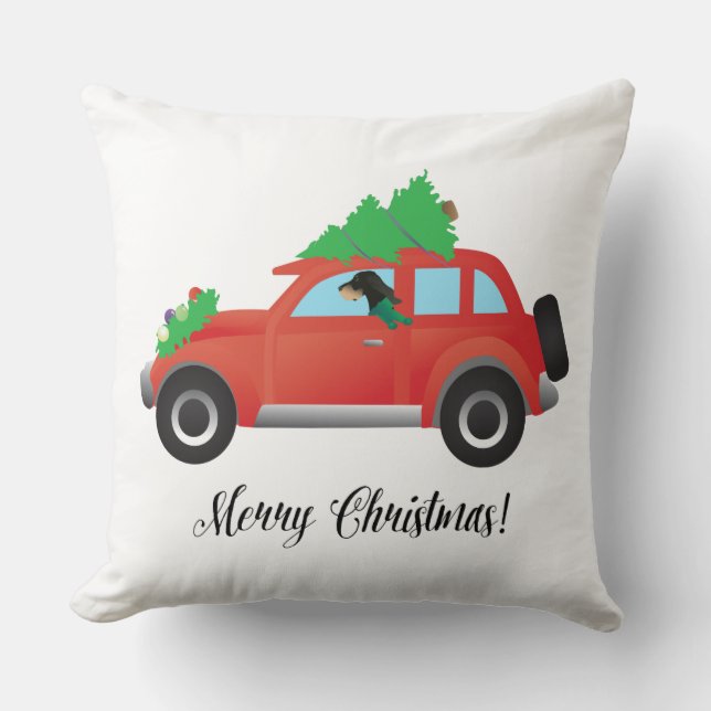 Black and Tan Coonhound Fahren Weihnachtswagen Kissen (Vorderseite)
