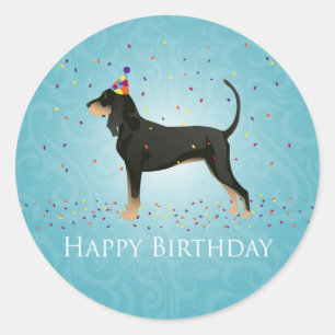 Black and Tan Coonhound Happy Birthday Design Runder Aufkleber