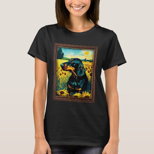 Black and Tan Coonhound Painting Sunflower Flower  T-Shirt (Vorderseite)