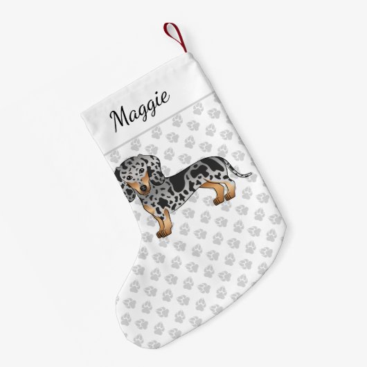 Black and Tan Dapple Kurz Haare Dackel & Name Kleiner Weihnachtsstrumpf (Rückseite (Hängend))