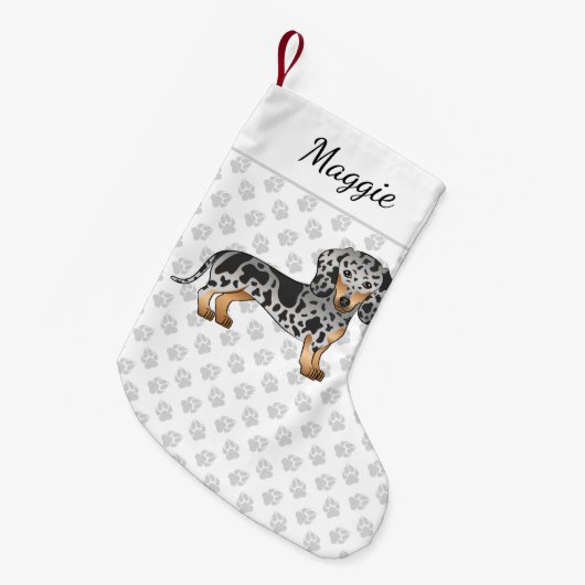 Black and Tan Dapple Kurz Haare Dackel & Name Kleiner Weihnachtsstrumpf (Vorderansicht (hängend))
