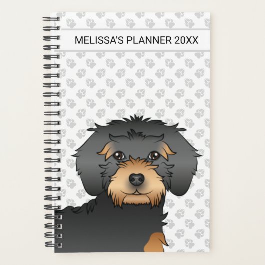 Black and Tan Mini Goldendoodle Cartoon Dog & Text Planer (Vorderseite)
