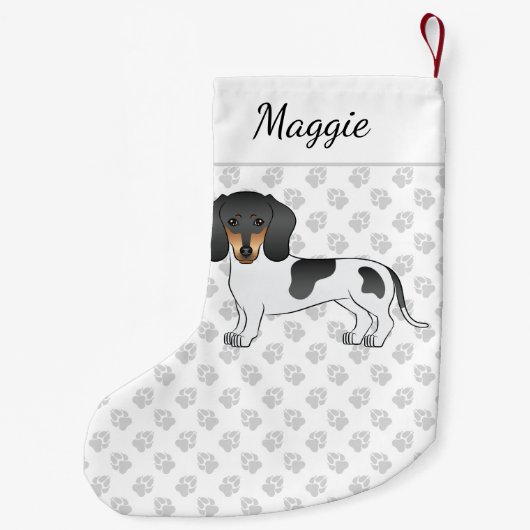 Black and Tan Piebald Kurz Hair Dackel & Name Kleiner Weihnachtsstrumpf (Rückseite)