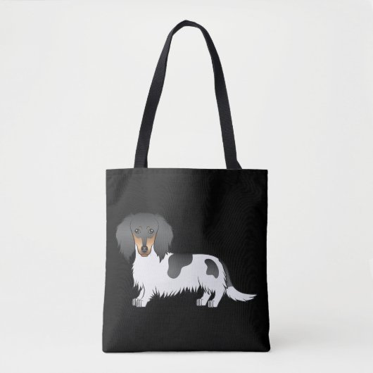 Black and Tan Piebald Long Hair Dackel auf Schwarz Tasche (Vorderseite)