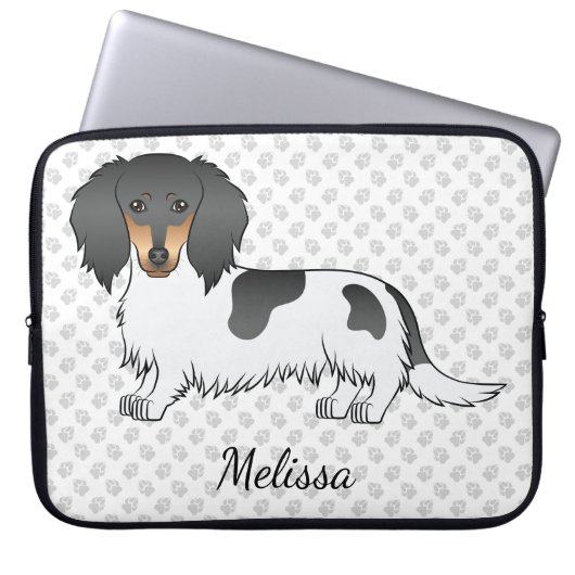 Black and Tan Piebald Long Hair Dackel & Name Laptopschutzhülle (Vorderseite)