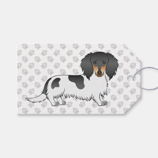 Black and Tan Piebald Long Hair Dackel & Paws Geschenkanhänger (Vorderseite (Horizontal))