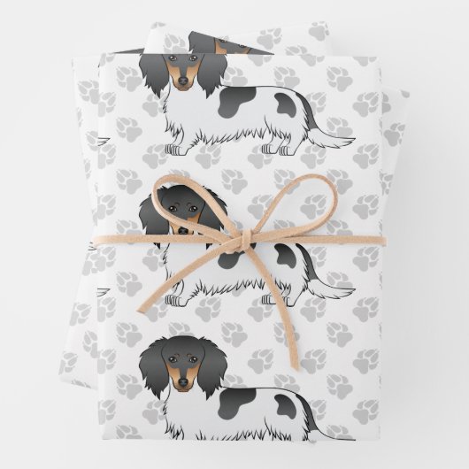 Black and Tan Piebald Long Hair Dackel & Paws Geschenkpapier Set (Beispiel)