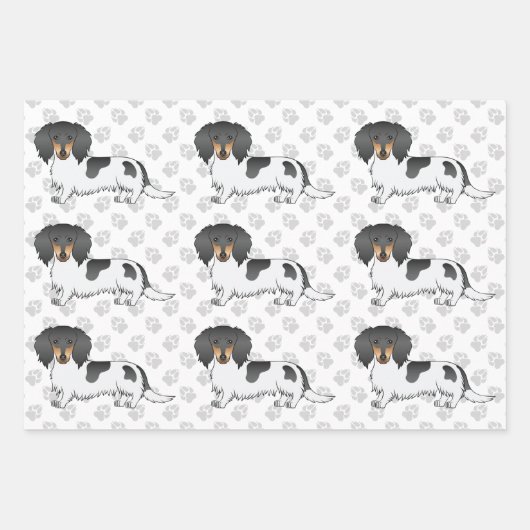Black and Tan Piebald Long Hair Dackel & Paws Geschenkpapier Set (Vorderseite)