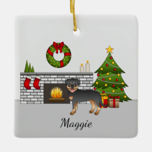 Black And Tan Rottweiler Dog In A Christmas Room Keramikornament