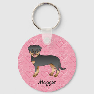 Black And Tan Rottweiler On Pink Hearts & Name Schlüsselanhänger
