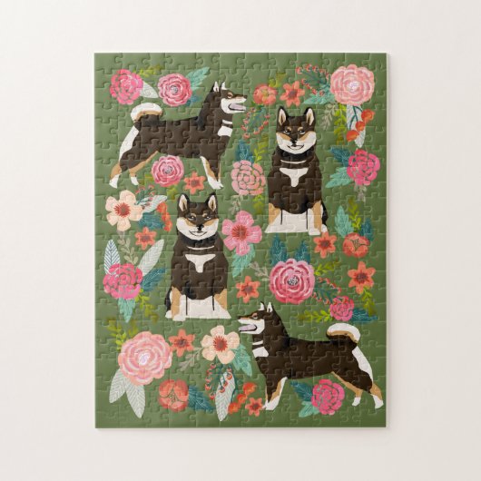 Black and Tan Shiba Inu Florals Puzzle (Vertikal)