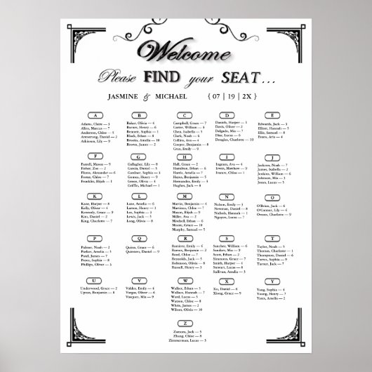 Black and White Alphabetical Wedding Seating Chart Poster (Vorne)