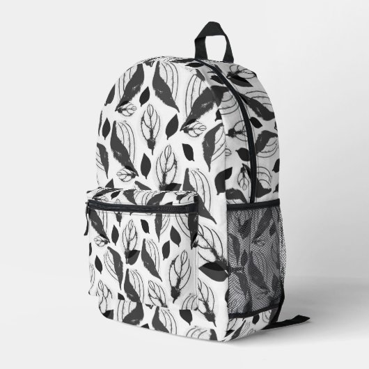 Black and White Basil Leaf Pattern Bedruckter Rucksack (Rückseitige Ecke Rechts)