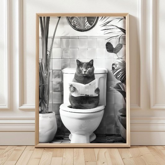 Black and White Bathroom Cat Print, Funny Posters, Poster