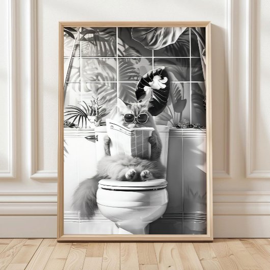 Black and White Bathroom Cat Print, Funny Posters, Poster