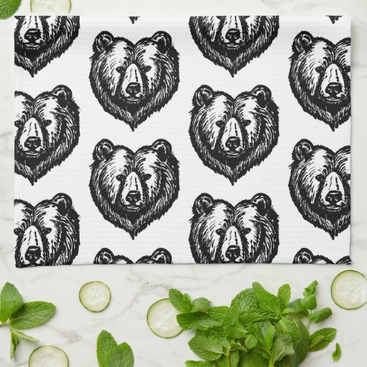 Black and White Bear's Face Ink Drawing Geschirrtuch (Gefaltet)