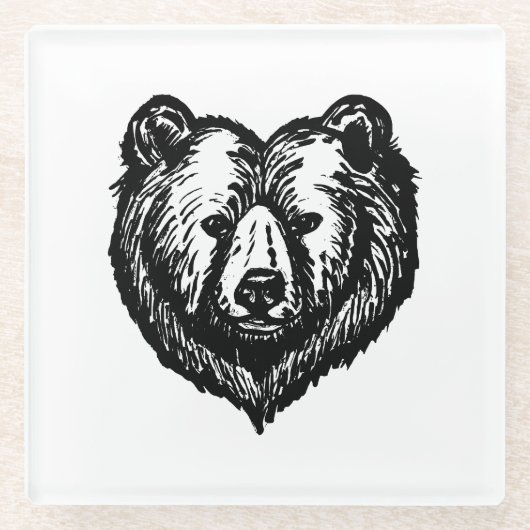 Black and White Bear's Face Ink Drawing Glasuntersetzer (Vorderseite)