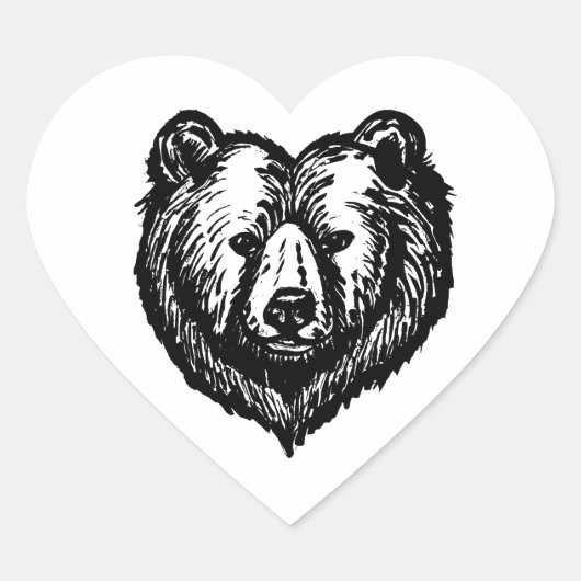 Black and White Bear's Face Ink Drawing Herz-Aufkleber (Vorderseite)
