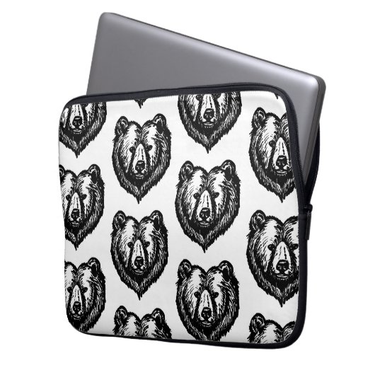 Black and White Bear's Face Ink Drawing Laptopschutzhülle (Vorderseite Links)
