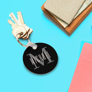 Black and White Bold Monogram Initial & First Name Schlüsselanhänger