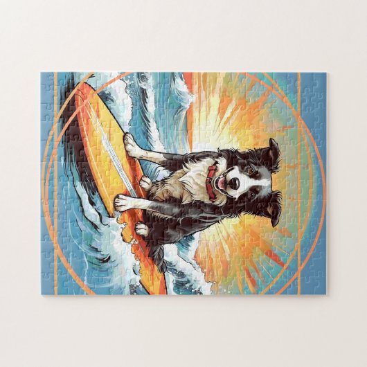 Black and White Border Collie Surfing Puzzle (Horizontal)