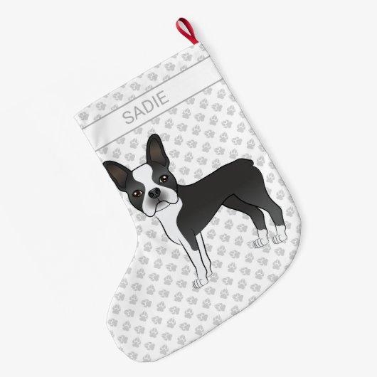 Black and White Boston Terrier Cartoon Dog & Name Großer Weihnachtsstrumpf (Rückseite (Hängend))