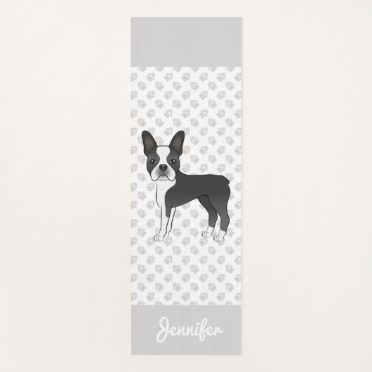 Black and White Boston Terrier Cartoon Dog & Name Yogamatte (Vorderseite)