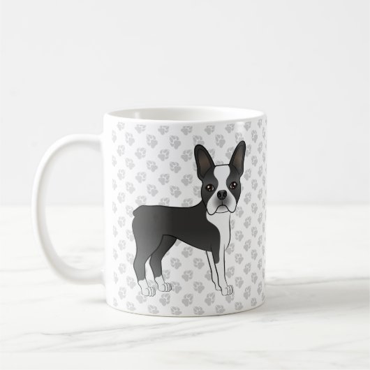 Black and White Boston Terrier Cartoon Dog & Paws Kaffeetasse (Links)