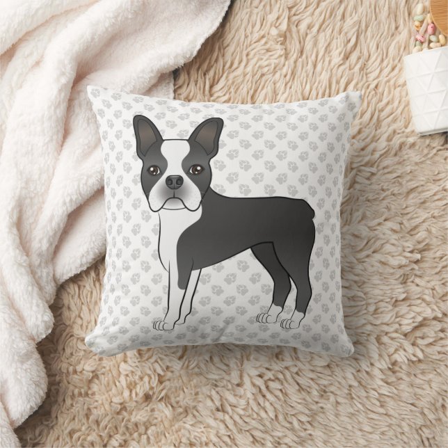 Black and White Boston Terrier Cartoon Dog & Paws Kissen (Decke)