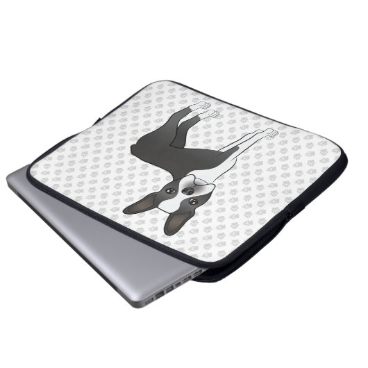 Black and White Boston Terrier Cartoon Dog & Paws Laptopschutzhülle (Vorne Knopf)