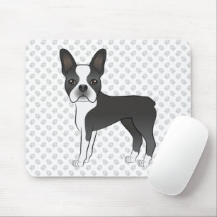 Black and White Boston Terrier Cartoon Dog & Paws Mousepad