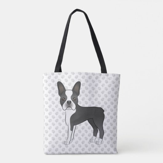 Black and White Boston Terrier Cartoon Dog & Paws Tasche (Rückseite)