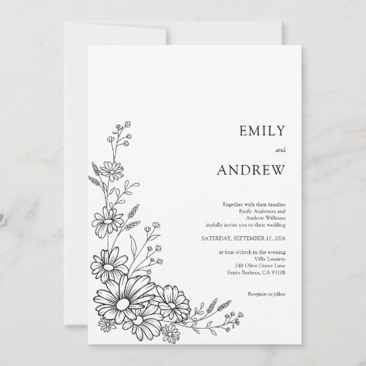 Black and White Botanical Daisy Garden Wedding Einladung (Vorderseite)