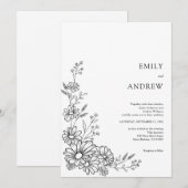 Black and White Botanical Daisy Garden Wedding Einladung (Vorne/Hinten)