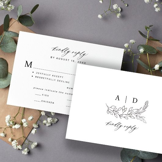 Black and white botanical monogram wedding  RSVP karte