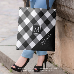 Black and White Buffalo Check Plaid Monogram Name Tasche