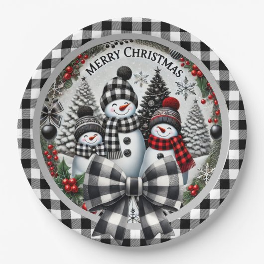 Black And White Buffalo Plaid Snowmen Paper Plate Pappteller (Vorderseite)