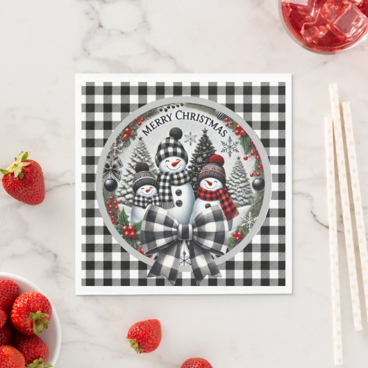 Black And White Buffalo Plaid Snowmen Paper Plate Serviette (Beispiel)