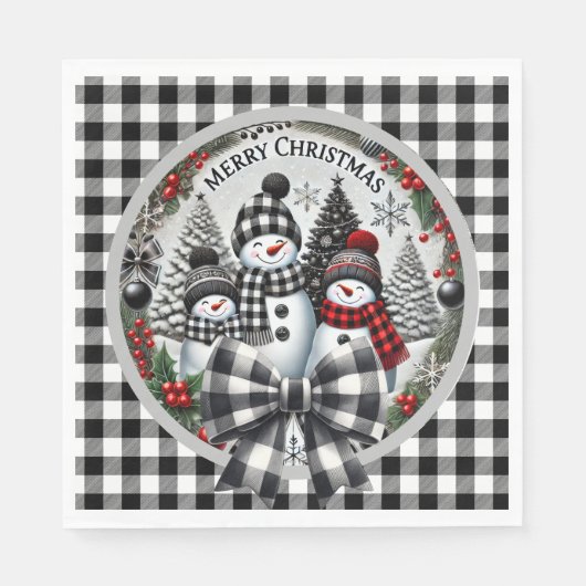 Black And White Buffalo Plaid Snowmen Paper Plate Serviette (Vorderseite)