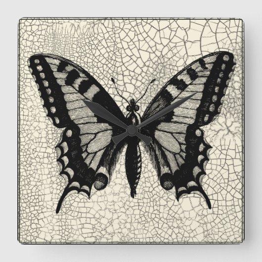 Black and White Butterfly on Cracked Background Quadratische Wanduhr (Vorderseite)
